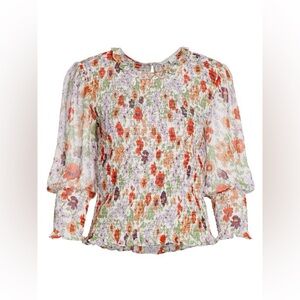 VERONICA BEARD Kali Shirred Floral-Print Crepon Blouse in Off White Size US 2